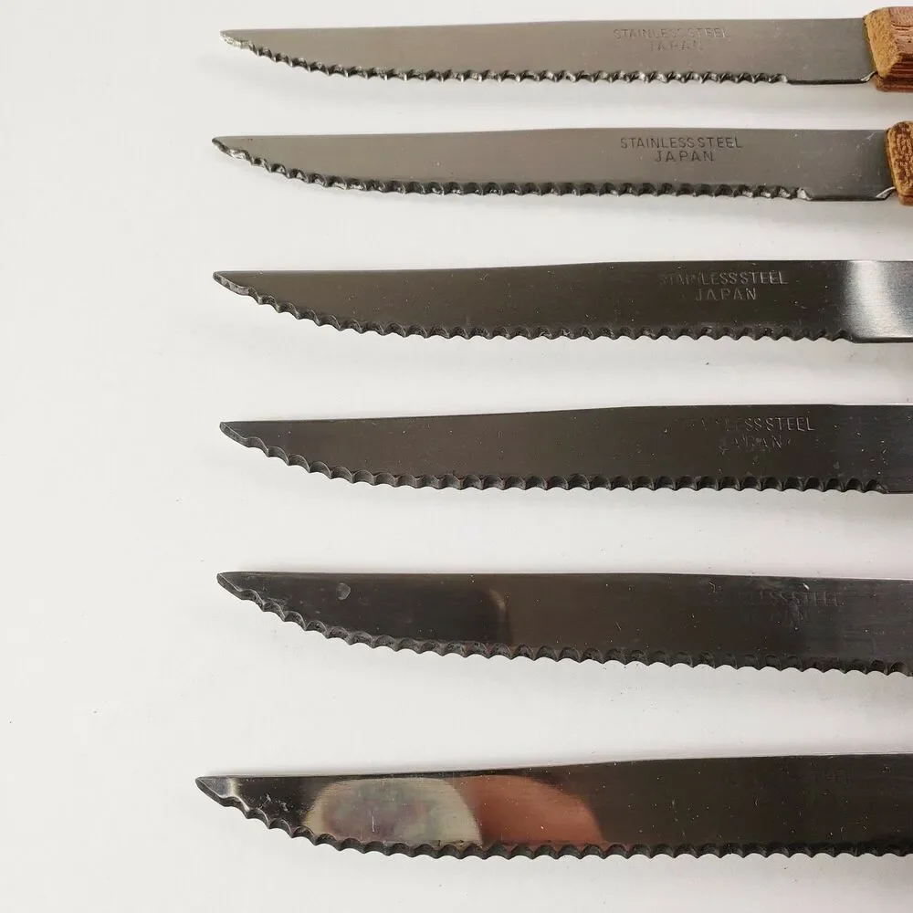 Vtg Champion 6 Pc Steak Knives Serrated Wood Riveted Handles Kitchen Utensils